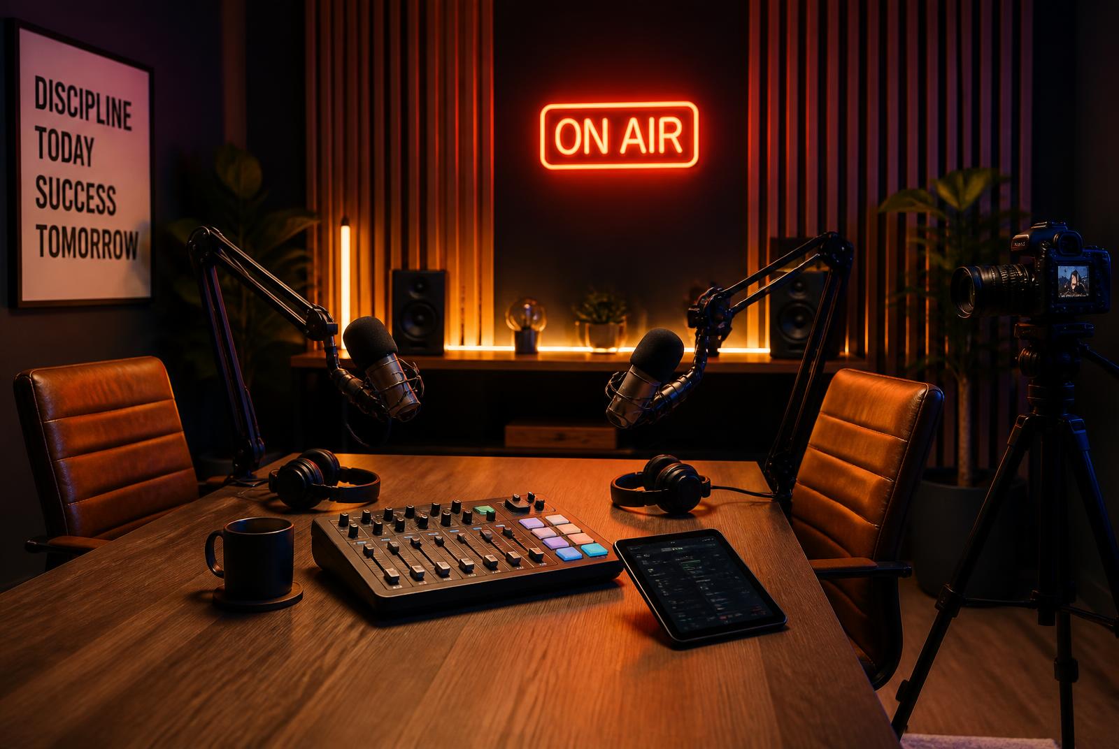 Fully equipped themed podcast room with broadcast microphones, mixing desk and studio lighting